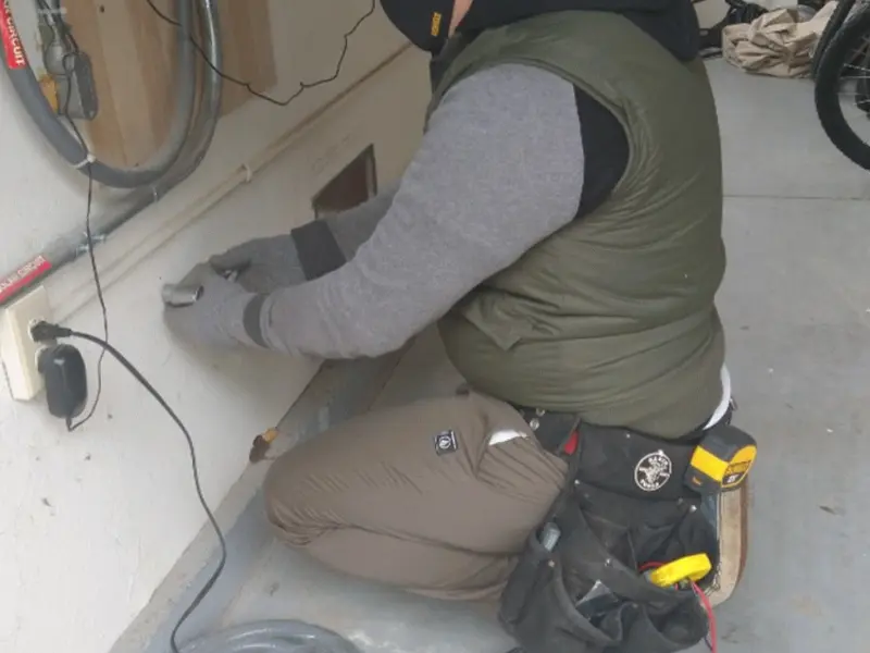Electrician performing outlet wiring in a Semmes garage